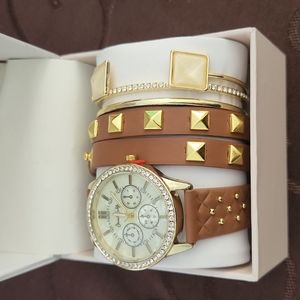 Jessica Carlyle 6 Piece Set - Brown Leather / Gold Accent Watch
